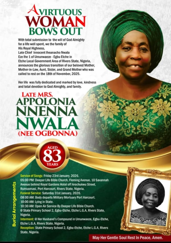  Late Mrs. Appolonia Nnenna Nwala Laid To Rest, Saturday 31st January, 2026.